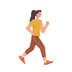 Fototapeta na wymiar Jogging woman in casual cloth isolated cartoon style character, running female with pony tail, side view. Vector female on sport trainings. Pretty sportive jogger in uniform, run workout, motion