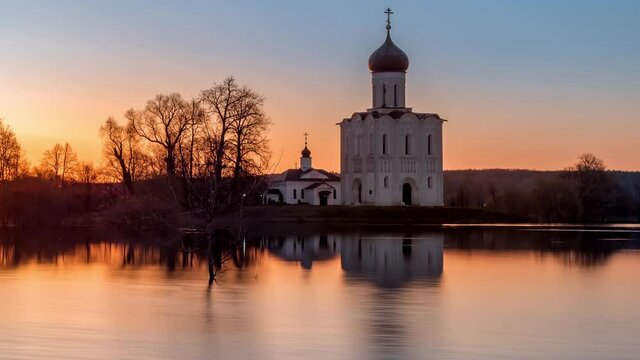 Church of the Intercession on the Nerl River at Colorful sunset. Vladimir Region, Russia.
