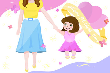 Mother's Day. Family holiday. Mother and daughter. Delicate background.Flat style.Concept.Cartoon.Warm mother and daughter relationship.Love.Family ties.Isolated.White background.Vector.Child. Girl