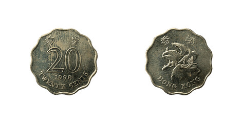 Twenty cents coin of Hong Kong coined in 1998, obverse and reverse.