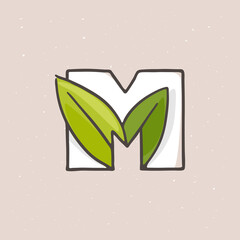 M letter logo hand drawn with a felt-tip pen in soft colors.