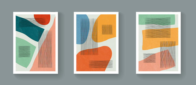 Set of abstract minimalist geometric posters. Mid-Century Modern Contemporary Art Vector Design. Bohemian style illustration with shapes.