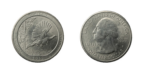 Quarter dollar coin with a wild turkey, 2015 obverse and reverse sides.