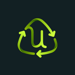 Recycling symbol with U letter line logo.