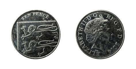 Ten Pence coin with the upper left section of the Royal Shield of Arms, 2014 obverse and reverse.