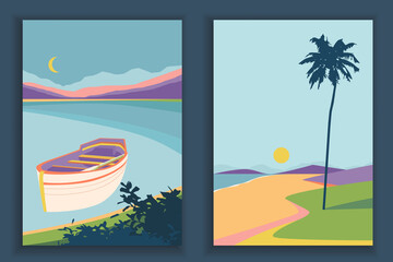 Obraz premium Abstract coloful landscape poster collection. Set of contemporary art print templates. Nature backgrounds for your social media. Sun and moon, sea, mountains, ocean, river, palms, tree, boat.