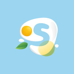 Letter S logo on a Fried Egg with green leaf and splashes.