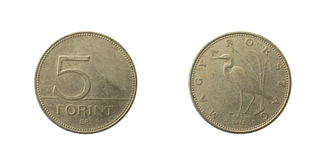 5 Forint coin of 2012 from Hungary representing the Great White Egret, obverse and reverse.