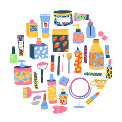 Set of different cosmetics, tubes, bottles, jars, body butter, lotion, cream, lipstick. Collection of colourful skincare and eco beauty products on white background with leaves.