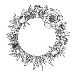 Beautiful vector frame with black and white feverweed, protea, peony flowers and leaves.