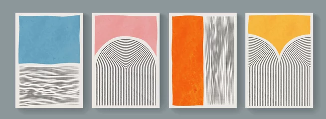 Gordijnen Set van minimale geometrische posters. Moderne kunst uit het midden van de eeuw met aquarelvormen. Trendy artistieke abstracte achtergrond. © t1m0n344