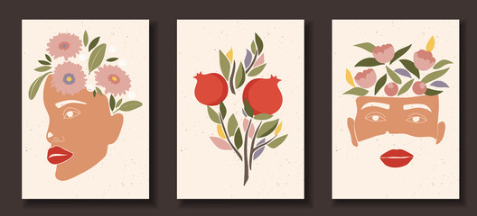 Set of abstract female shapes and silhouettes on textured background. Abstract women eyes face in pastel colours. Collection of contemporary art posters. Flowers and leaves, pomegranate compositions.