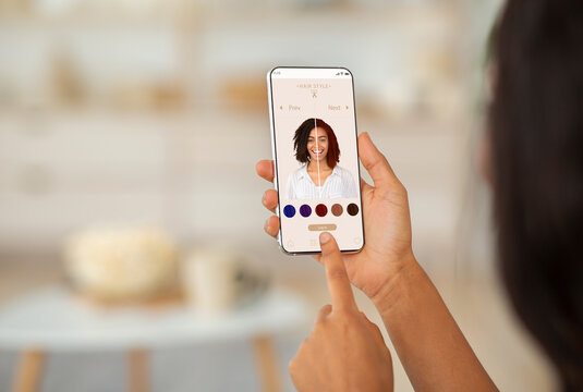 Augmented Reality Beauty App. Woman Trying Different Hair Color Online