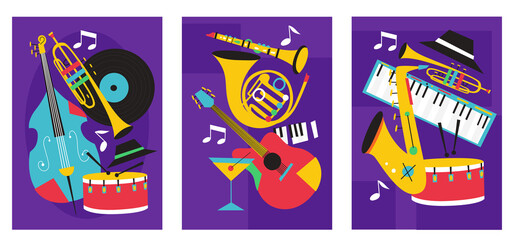 Set of jazz festival posters with saxophone, trombone, clarinet, violin, double bass, piano, trumpet, bass drum and banjo, guitar. Suitable for acoustic music events and jazz concert.