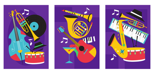 Obraz premium Set of jazz festival posters with saxophone, trombone, clarinet, violin, double bass, piano, trumpet, bass drum and banjo, guitar. Suitable for acoustic music events and jazz concert.