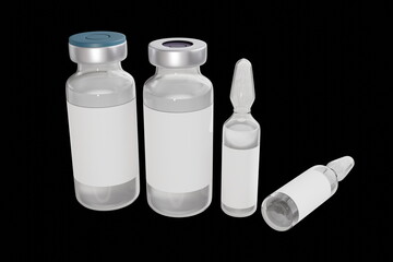 mockup vaccine glass bottles with the covid-19 coronavirus vaccine. 3d render