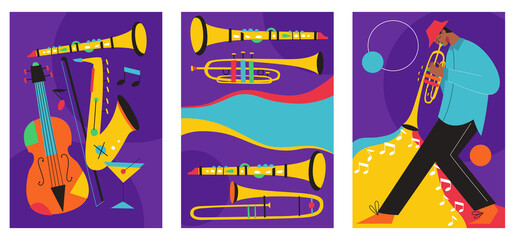 Set of jazz festival posters. Vector compositions included: saxophone, trombone, clarinet, violin, double bass, piano, trumpet, bass drum and banjo, guitar. Suitable for acoustic music events and jazz - obrazy, fototapety, plakaty