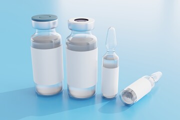 mockup vaccine glass bottles with the covid-19 coronavirus vaccine. 3d render