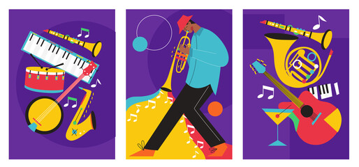 Set of jazz festival posters. Vector compositions included: saxophone, trombone, clarinet, violin, double bass, piano, trumpet, bass drum and banjo, guitar. Suitable for music events and jazz concerts - obrazy, fototapety, plakaty