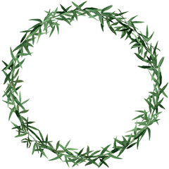 Watercolor wreath of green bamboo leaves on a white background. A circle. 