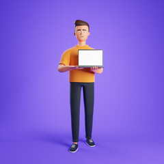 Cartoon character man with laptop white blank screen stand over purple background.