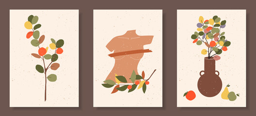 Set of abstract female shapes and silhouettes on textured background. Abstract women face, lips, vases in pastel colors. Collection of contemporary art posters. Flowers and leaves compositions.