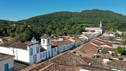 Fototapeta na wymiar Beautiful perspective of colonial style buildings and colorful houses in the historical district of Cidade de Goias, former Goias Velho City in Goias State, Brazil 