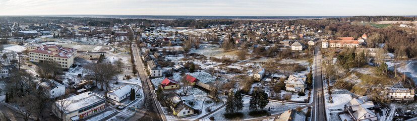 Aerial view of Alsunga village in winter, Latvia.