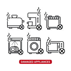 Vector image. Different icons of broken home appliances.