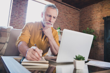 Photo of minded thoughtful person sit on couch arm on chin look focused laptop hold pen take notes...