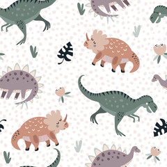 Seamless vector pattern with cute dinosaurs on a white background. Creative animal texture. Great for baby fabrics, textiles and designs © Lana
