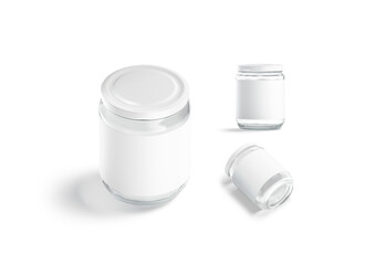 Blank glass jar white label and cap mockup, different views