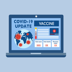 Covid-19 coronavirus update on laptop computer screen in flat design. Covid-19 global information news- total cases, deaths, recovery cases and vaccine update.