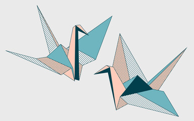 Origami cranes vector artwork. Illustration of two abstract birds. Traditional asian symbolic animal.