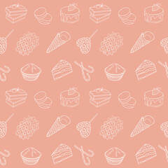 food item black outline hand drawn seamless pattern, set of bakery, sweets collection candy cane, cupcake, macaroon, icecream, pie kitchen design illustration
