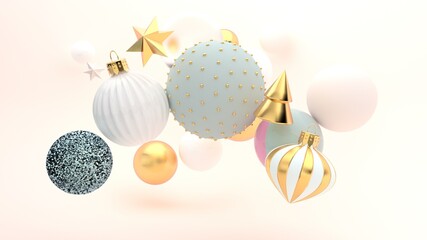 Christmas and Happy New Year 3D illustration, 3D render, white golden background with christmas baubles and stars - 430141408