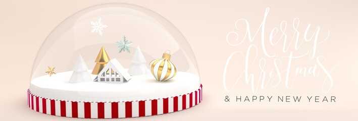 Christmas and Happy New Year 3D illustration, banner, 3D render, snow globe with a winter scene, trees, snowflakes, christmas bauble and a beautiful handwriting - 430141607