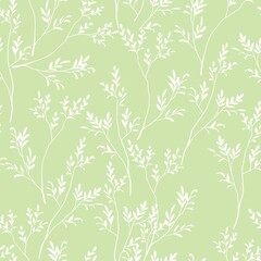 Seamless natural pattern. White tree branches with leaves on a green background. Botanical illustration. Design of wallpaper, fabrics, textiles, packaging, posters, postcards, wedding design.
