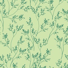 Fototapeta premium Seamless natural pattern. Turquoise tree branches with leaves on a green background. Botanical illustration. Design of wallpaper, fabrics, textiles, packaging, posters, postcards, wedding design. 