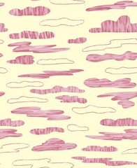 Seamless pattern of pink clouds on a beige pastel background. Digital oil simulation. Design of wallpaper, fabrics, textiles, packaging, posters, postcards.
