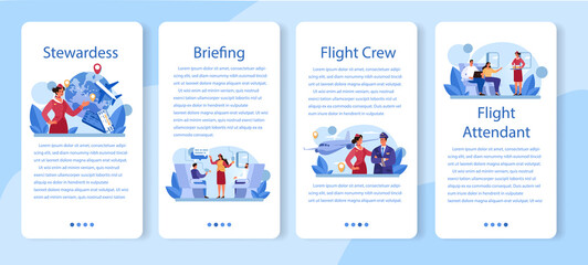 Obraz na płótnie Canvas Stewardess mobile application banner set. Flight attendants help passenger