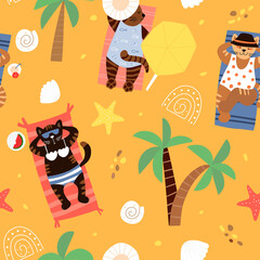 Seamless pattern with cats on the beach. Summer background. Modern baby pattern. Great for wrapping paper, fabrics, covers and cards. Vector illustration. 