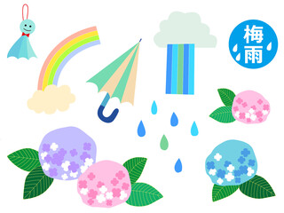 梅雨　あじさいと雨のイラスト