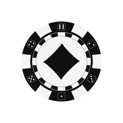 Naklejka premium Poker game chip with diamonds card suit. Black and white casino token icon isolated on white background. Vector simple flat design cartoon style clip art illustration. 