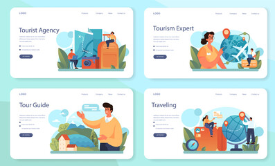 Tourism expert web banner or landing page set. Travel agent selling tour,