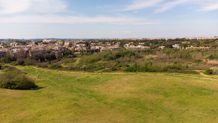 Aerial view of a public park in Rome, Italy, during the national holiday of April 25th.