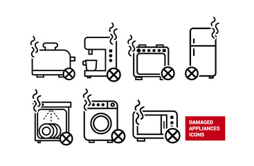 Vector image. Different icons of broken home appliances.