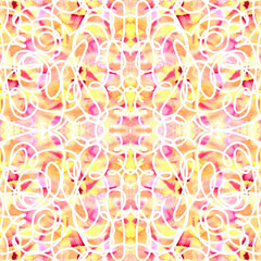 Abstract white line doodle seamless pattern with watercolor yellow-pink texture.Hand drawn ethno style background.
