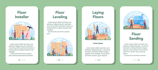 Flooring installer mobile application banner set. Professional parquet laying