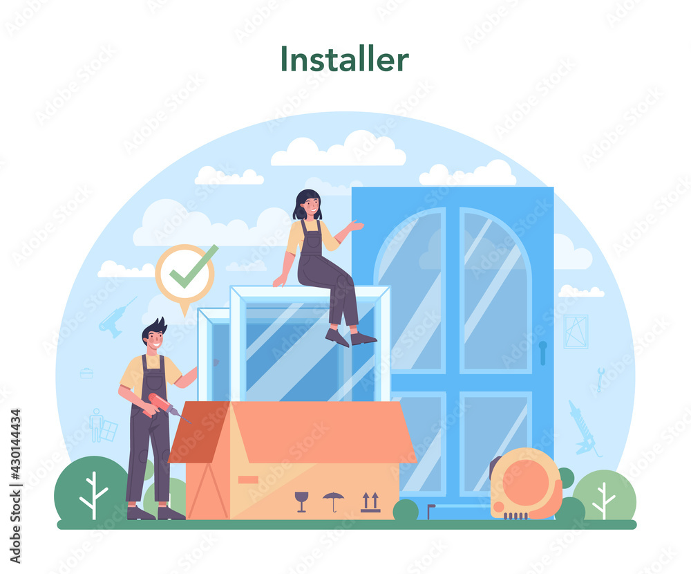 Poster installer concept. worker in uniform installing window and door.